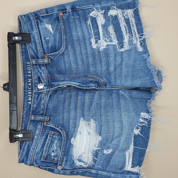 American Eagle Outfitters Pants - American Eagle Mom Short Stretch Blue Denim Distressed Frayed US 12
